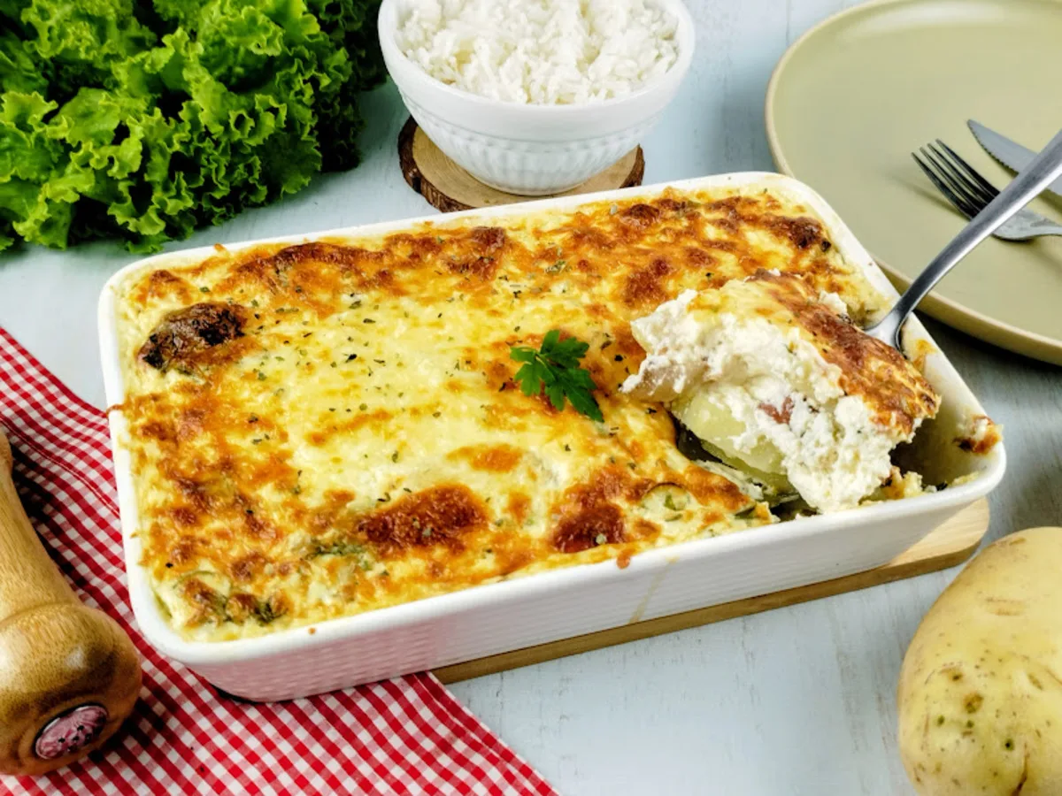 Batata gratinada com calabresa e bacon