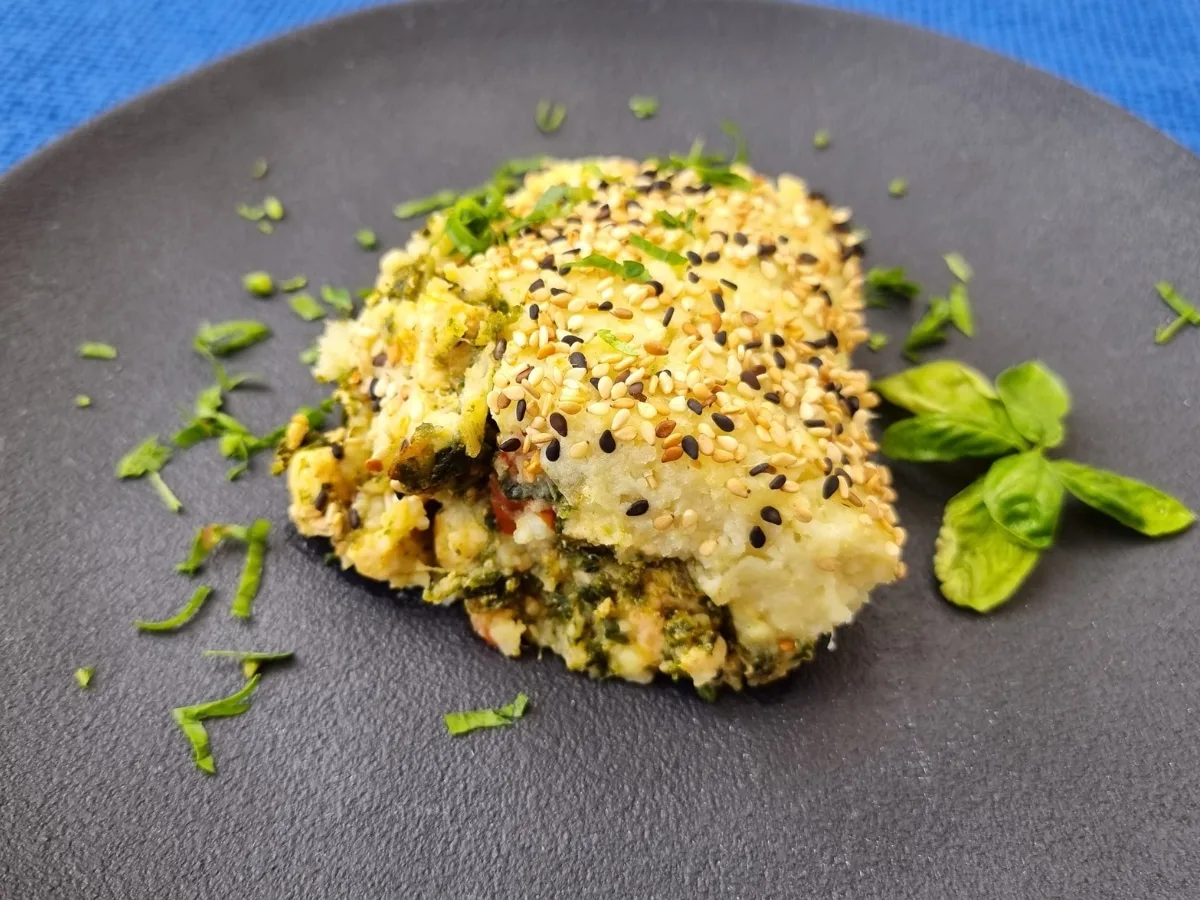 Escondidinho de frango e espinafre com batata-doce