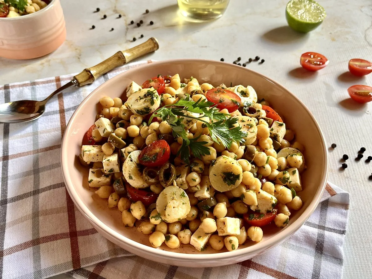 Salada de grão-de-bico com palmito
